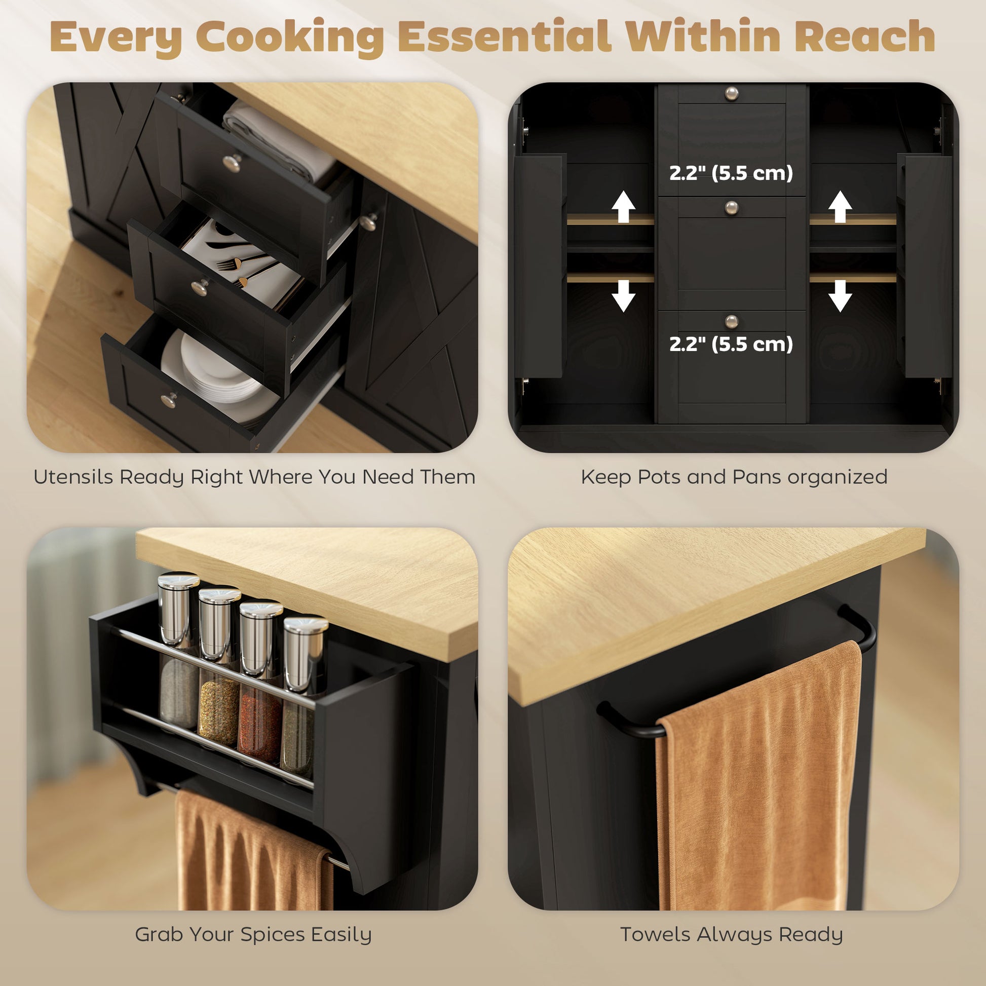 Farmhouse Kitchen Island Cart with Power Outlet and Soft-Close Doors, 49" Kitchen Island with 3 Drawers, Black