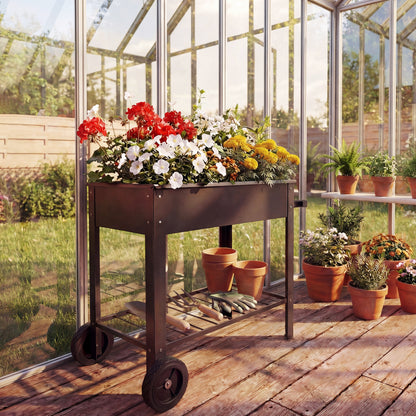 Metal Raised Garden Bed, Elevated Planter Box with 2 Wheels, Handle and Shelf, 31.5" Tall Raised Planter