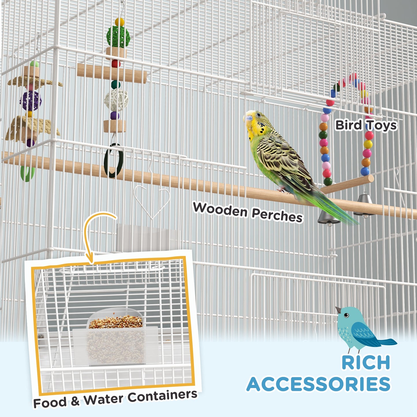 52" Bird Cage with Rolling Stand, Toys, for Budgies Canaries White