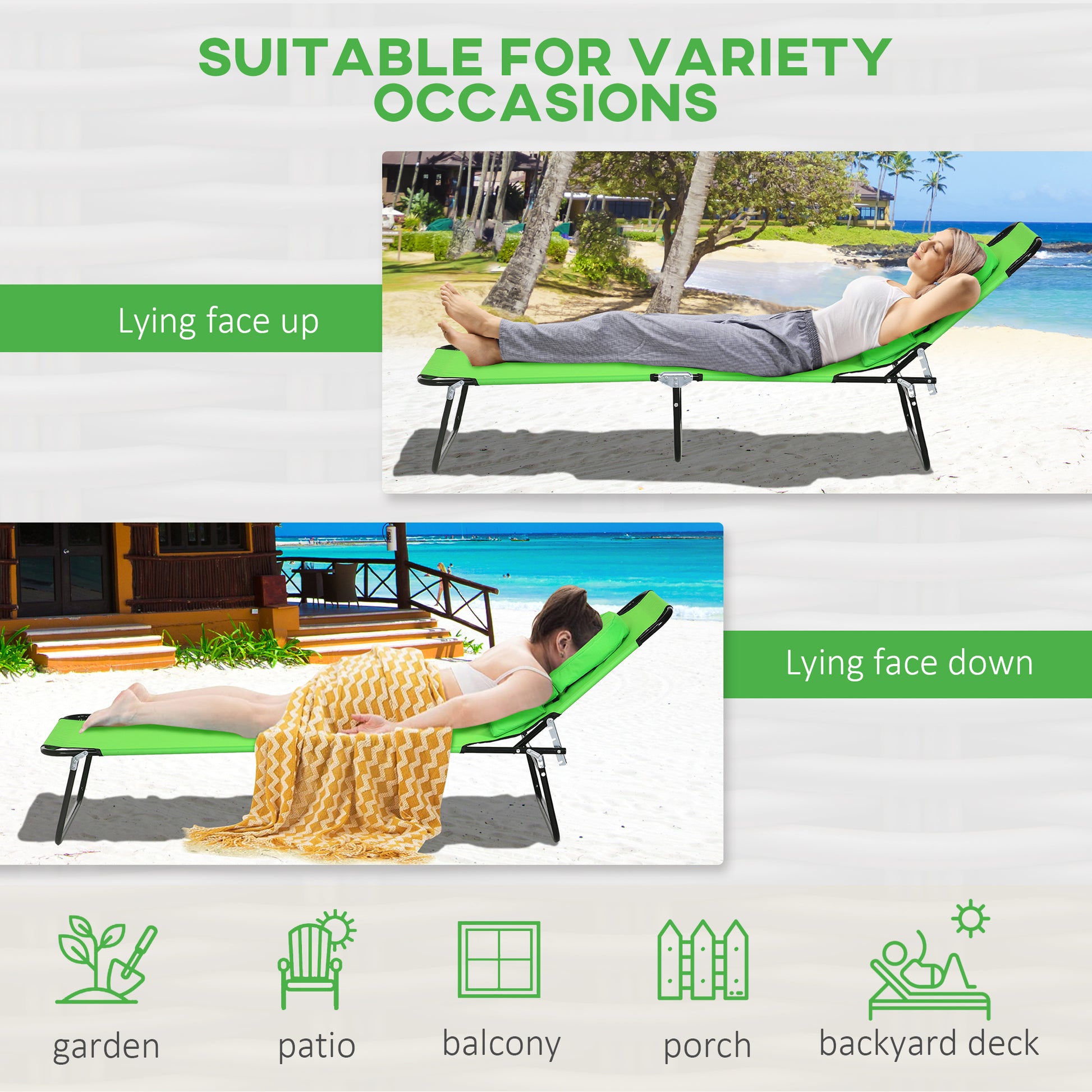 Folding Lounge Chair Set of 2, Reclining Beach Tanning Chair with Face Hole, Pillow, 4-Position Adjustable Flat Sun Loun