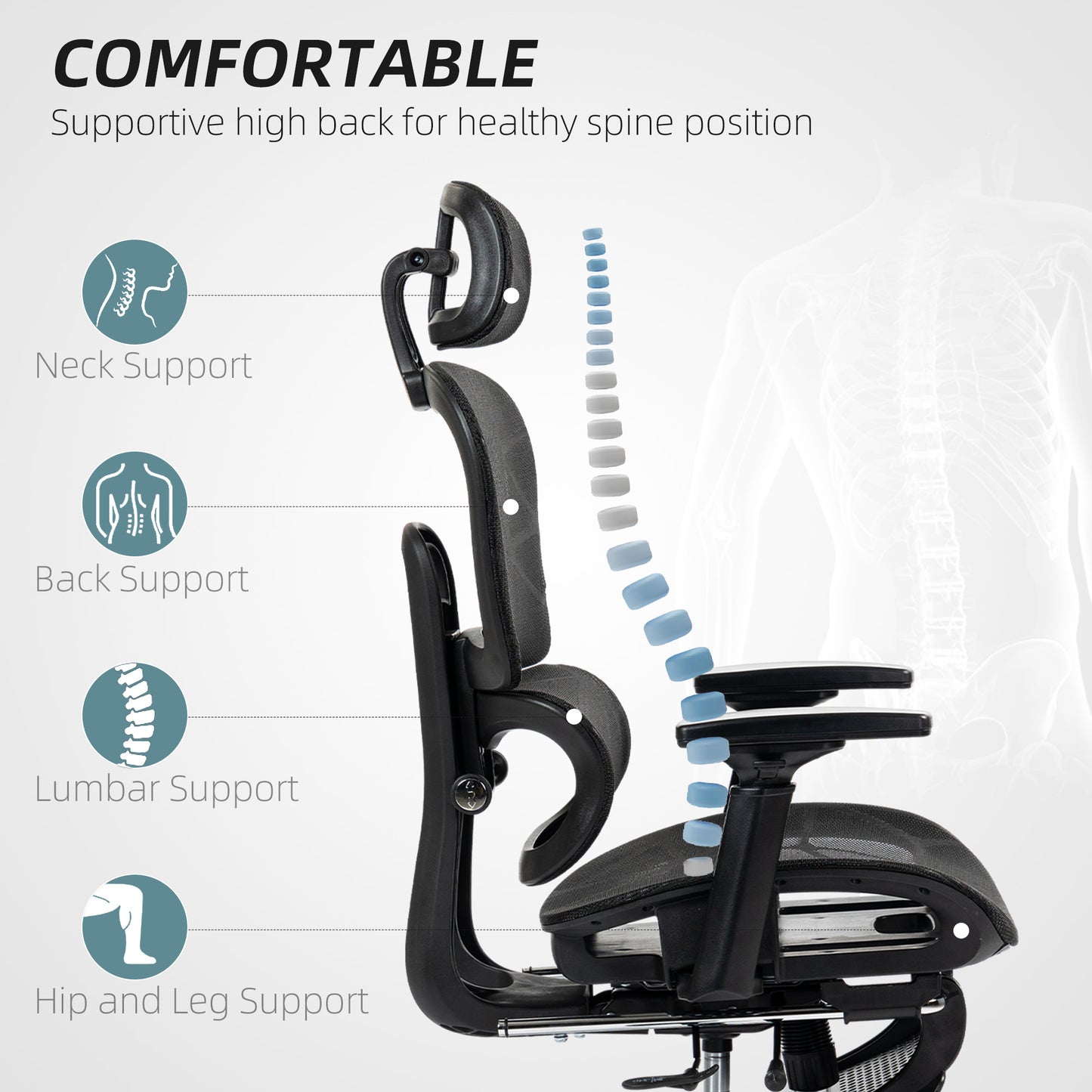 Mesh Office Chair with 3D Armrest, High Back Desk Chair with Lumbar Support, 135° Reclining, Adjustable Headrest, Black
