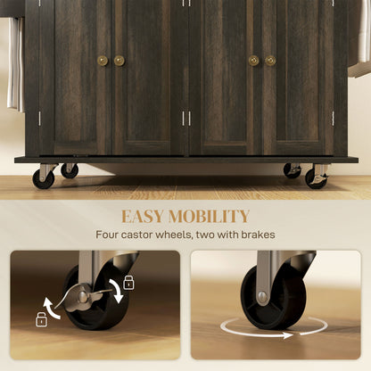 Kitchen Island with Storage, Rolling Trolley Cart with Rubber Wood Top, Spice Rack, Towel Rack, Brown Oak