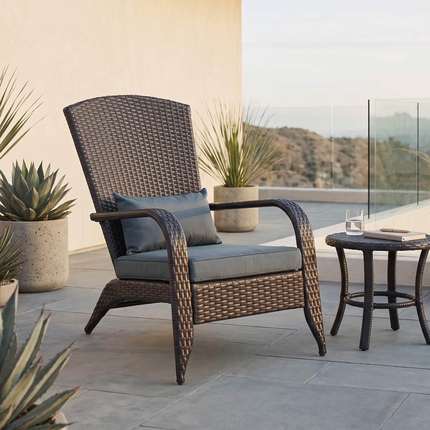 Patio Wicker Adirondack Chair, PE Rattan Outdoor Muskoka Chair, Fire Pit Chair with Cushions for Patio, Garden, Backyard