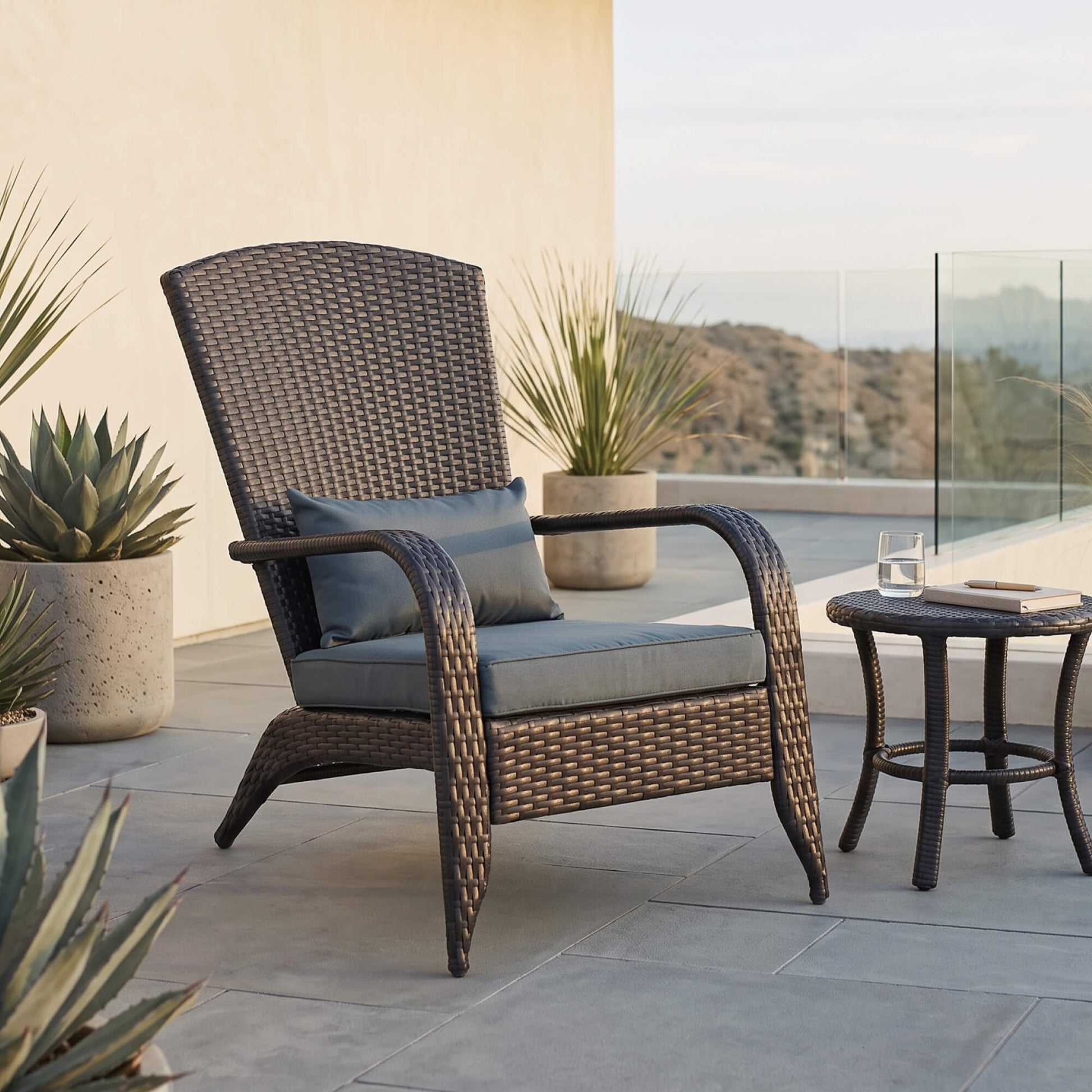 Patio Wicker Adirondack Chair, PE Rattan Outdoor Muskoka Chair, Fire Pit Chair with Cushions for Patio, Garden, Backyard