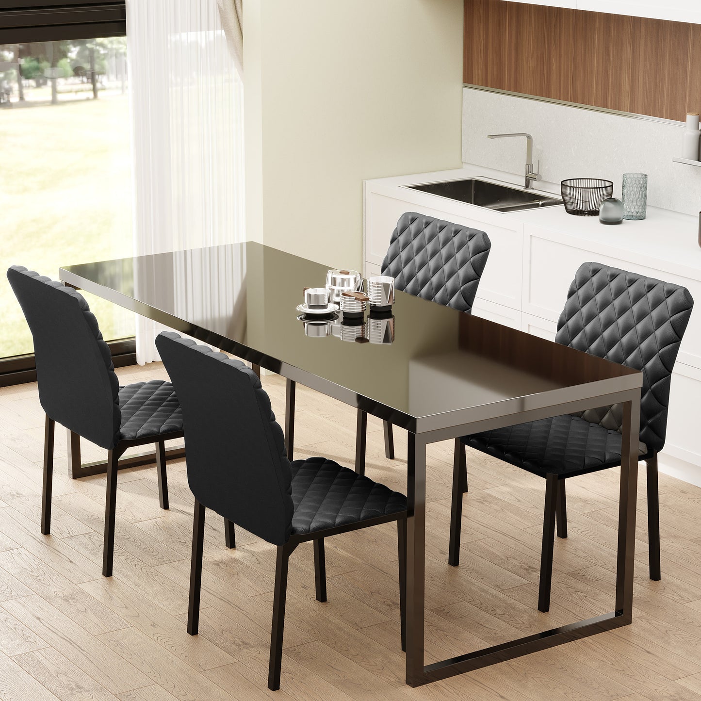 Modern Dining Chairs Set of 4, Upholstered Faux Leather Kitchen Chairs with Rhombic Tufting and Metal Legs for Living Ro