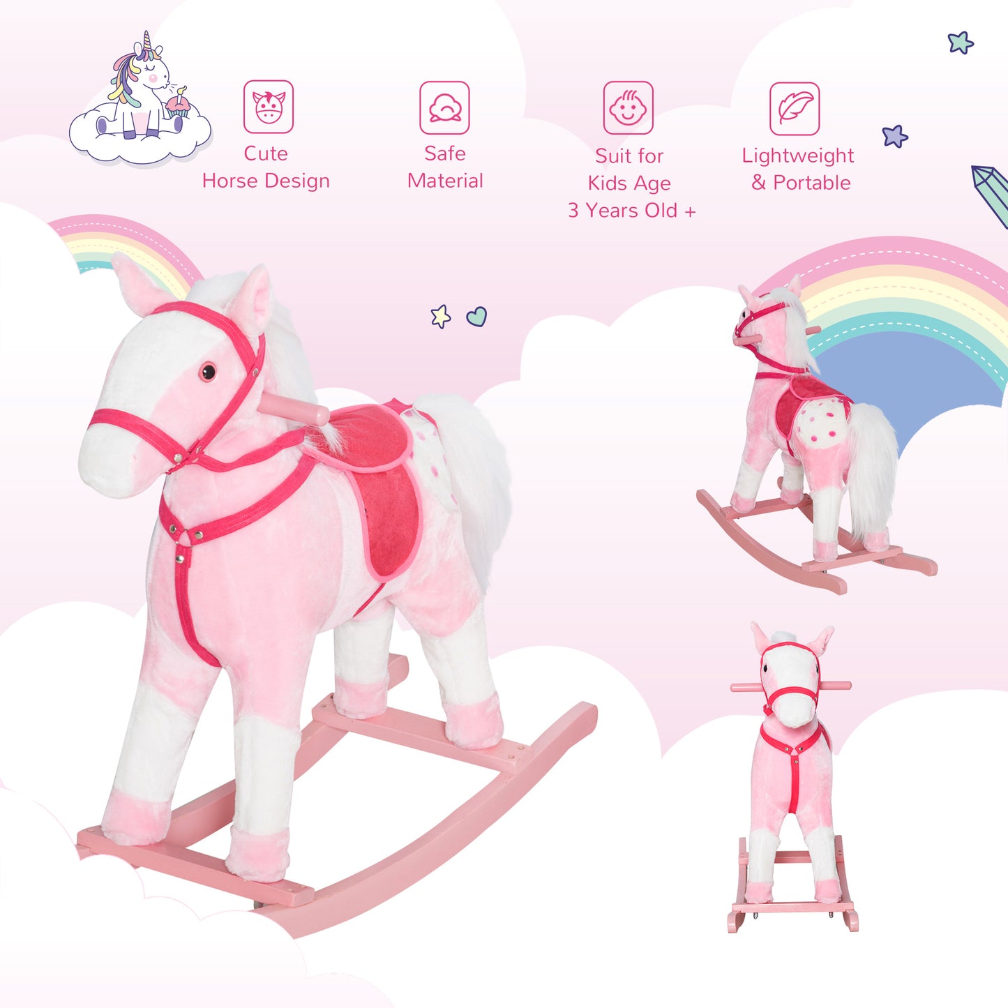 Qaba Rocking Horse Plush Pony Children Kid Ride on Toy w/ Realistic Sound (Light Pink)