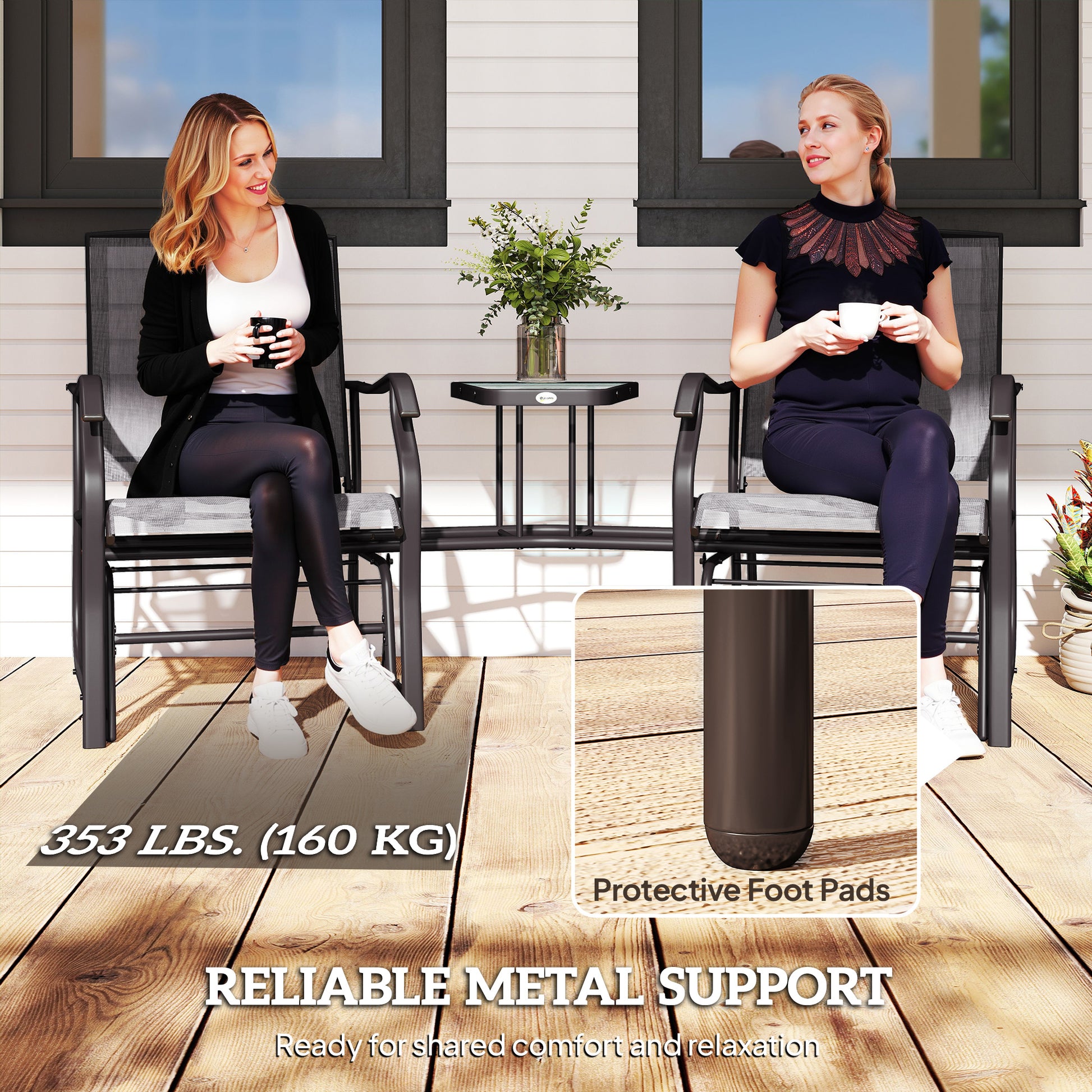 Double Patio Glider Chair with Glass Top Center Table, Outdoor Glider Loveseat with High Back,  All Weather Breathable M