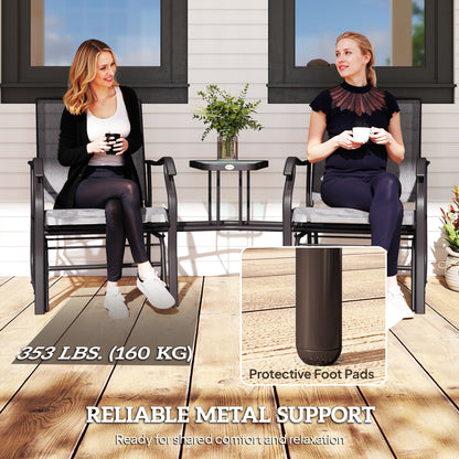 Double Patio Glider Chair with Glass Top Center Table, Outdoor Glider Loveseat with High Back,  All Weather Breathable M