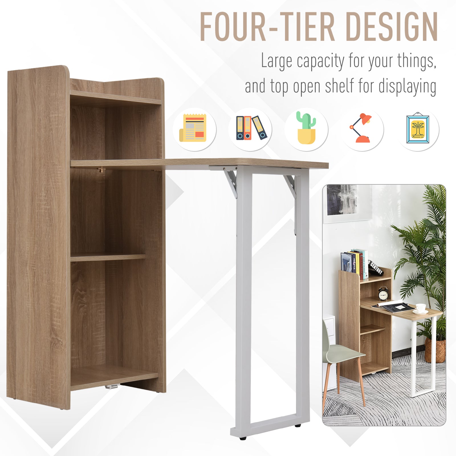 2 In 1 Folding Table, Drop Leaf Table, Space Saving Dining Table with 4-Tier Shelf for Small Spaces, Oak