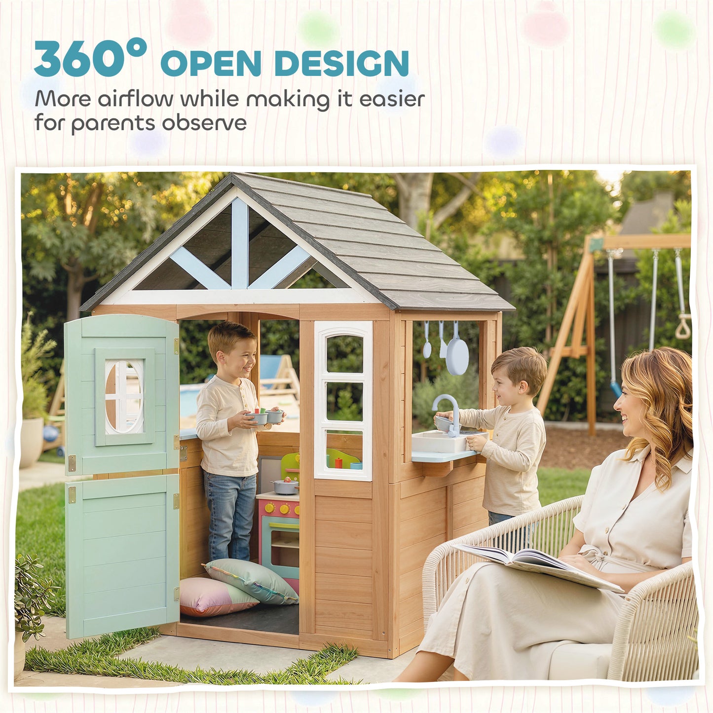 Qaba Kids Outdoor Playhouse, Wooden Cottage Play House with Pet Door, Play Kitchen, Half Door and Windows for Indoor Out