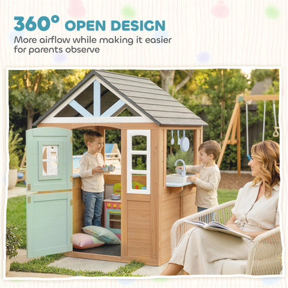 Qaba Kids Outdoor Playhouse, Wooden Cottage Play House with Pet Door, Play Kitchen, Half Door and Windows for Indoor Out