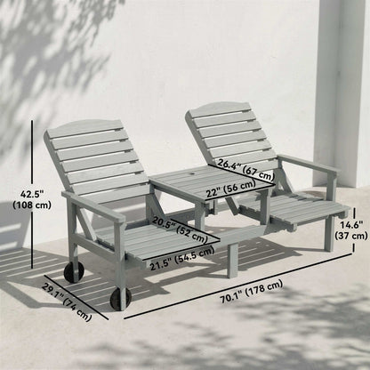 Outdoor Bench with Wheels and 3-Position Adjustable High Back, 2 Seater Outdoor Loveseat with Umbrella Hole, Grey