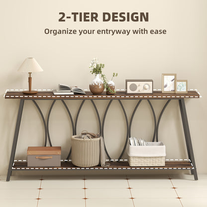 71" Console Table, Industrial 2-Tier Narrow Entryway Table with Metal Frame for Living Room, Hallway, Rustic Brown
