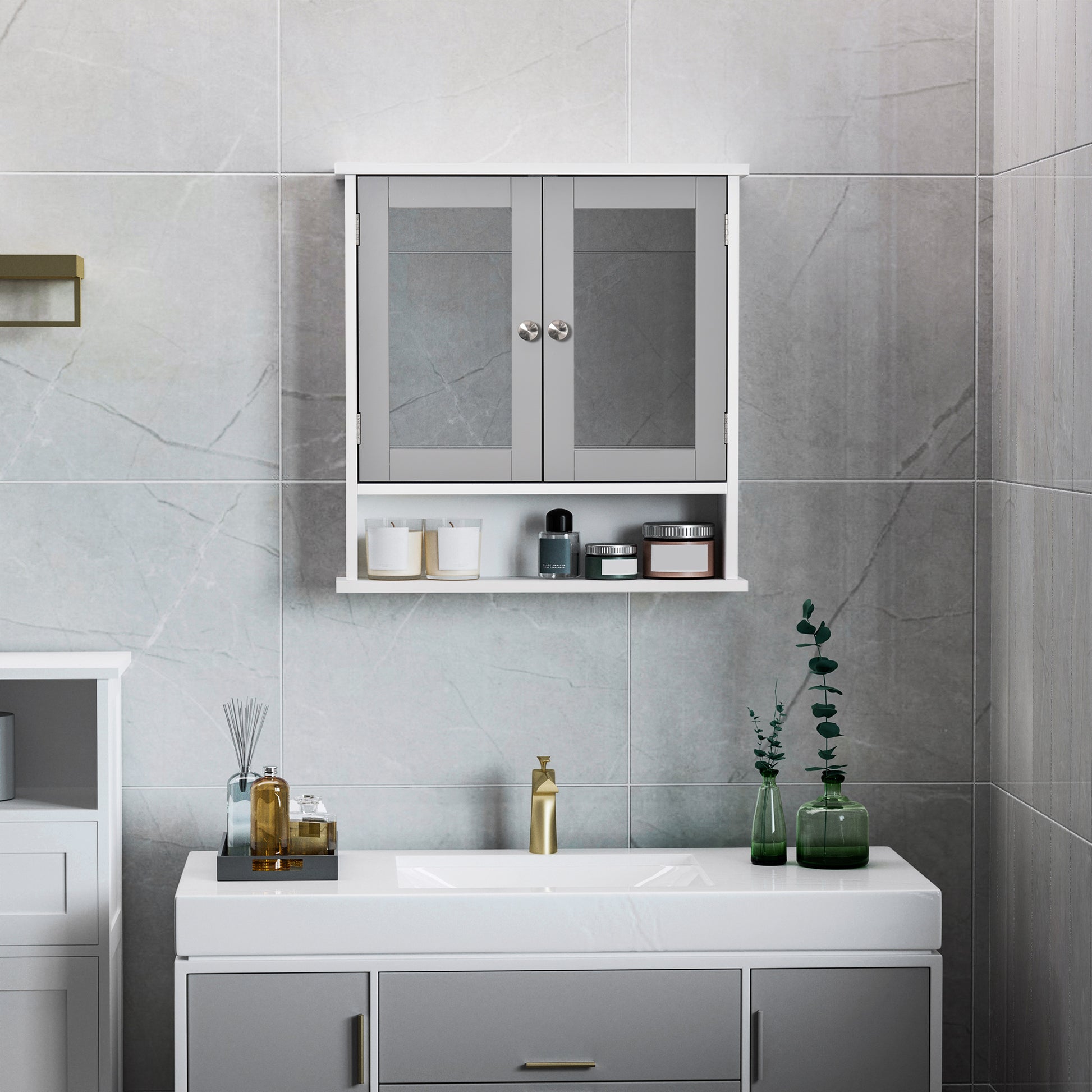 Medicine Cabinet, Wall-Mounted Bathroom Mirror Cabinet with Double Doors, Open Shelf, and Adjustable Shelf, Modern Bathr