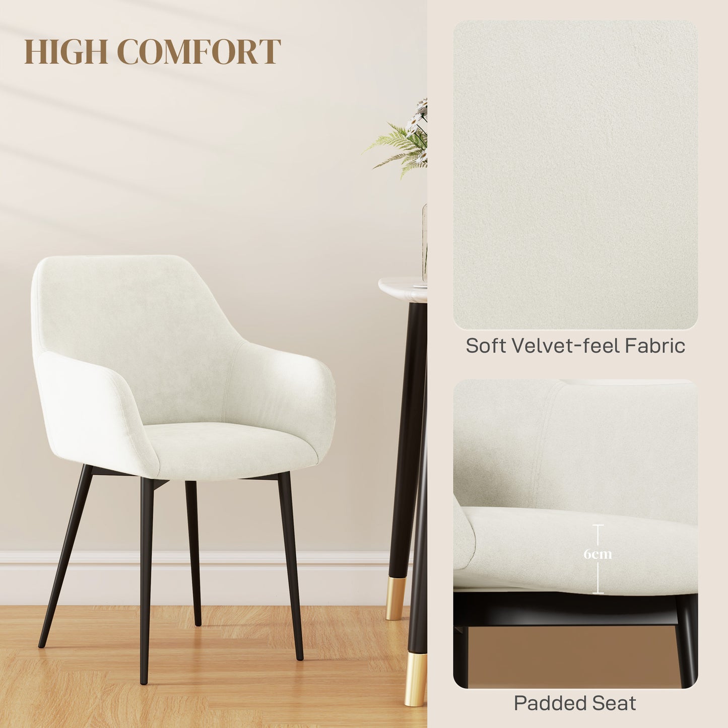 Dining Chairs Set of 2, Velvet-look Fabric Upholstered Kitchen Chairs with Backrest, Armrests and Steel Legs, Cream Whit