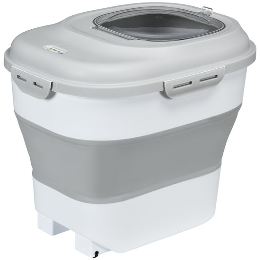 6-30lb Dog Food Storage Container Collapsible Design with Airtight Lids, Rolling Wheels, Cup, Bowl, Spoon, Grey