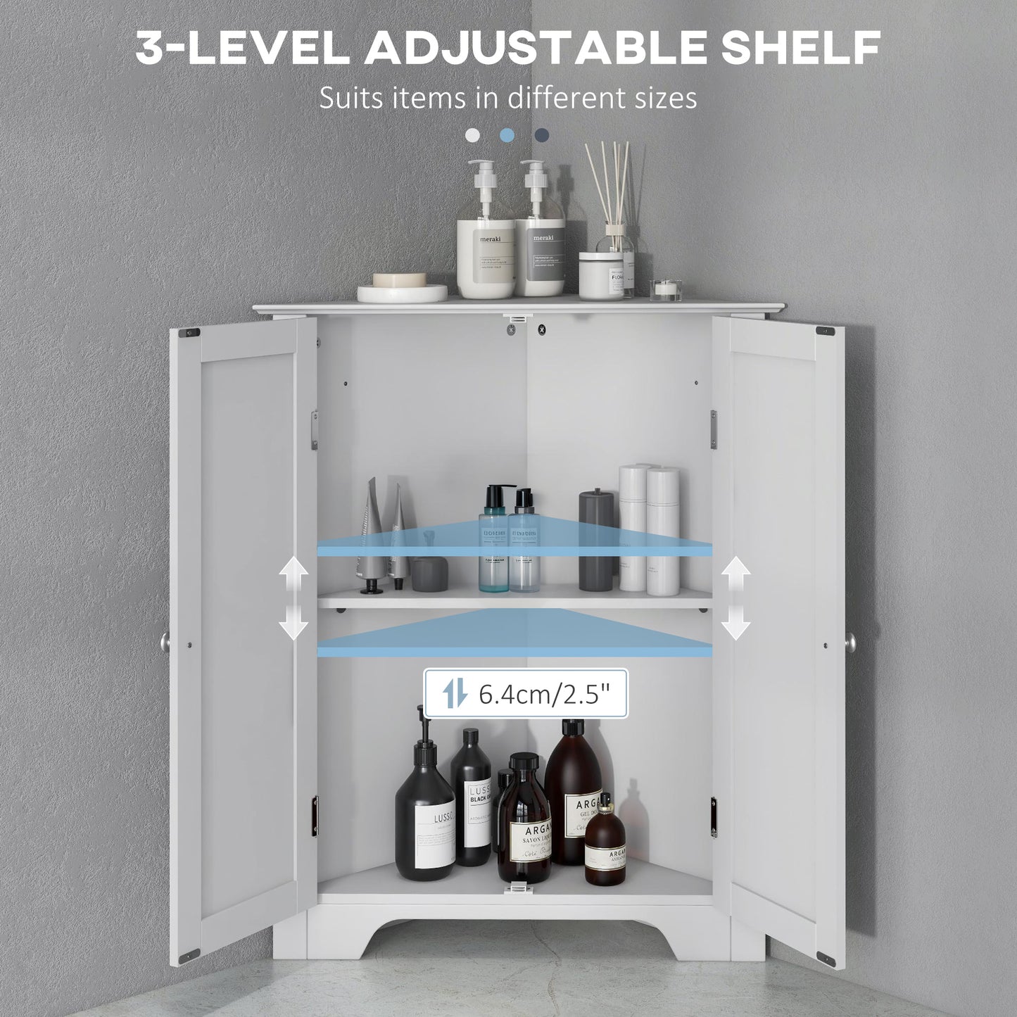 Modern Bathroom Storage Cabinet, Corner Cabinet with Doors, Bathroom Cabinet with Adjustable Shelf and Recessed Door, Wh