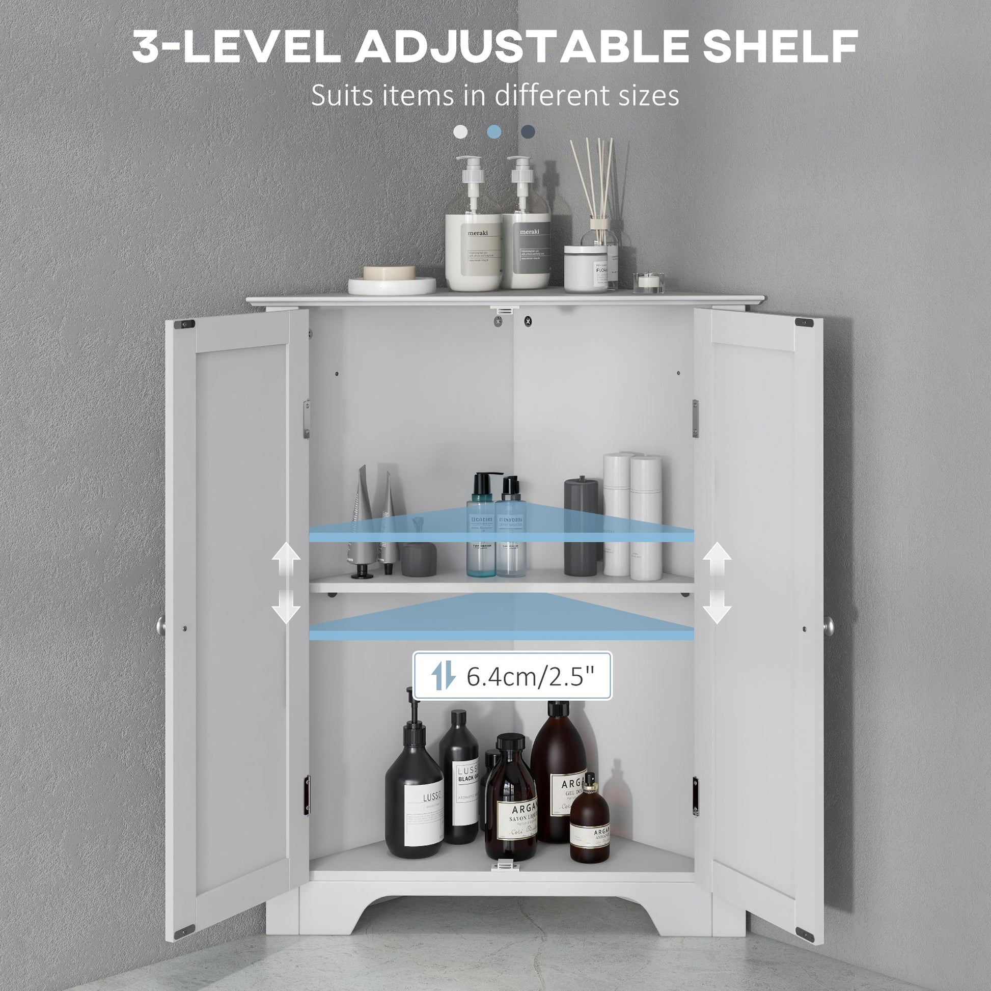 Modern Bathroom Storage Cabinet, Corner Cabinet with Doors, Bathroom Cabinet with Adjustable Shelf and Recessed Door, Wh