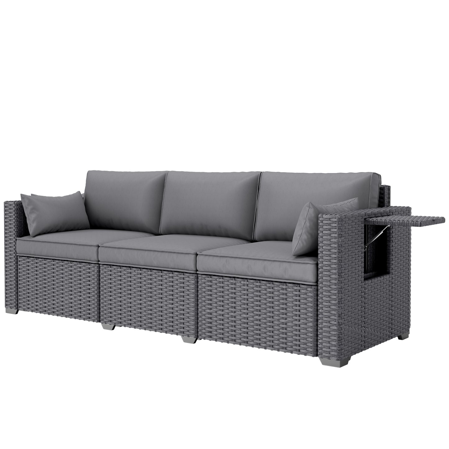 3 Seater Wicker Patio Sofa with Side Trays, Outdoor Couch with 6" Thick Back Cushions, Deep Seating, Grey
