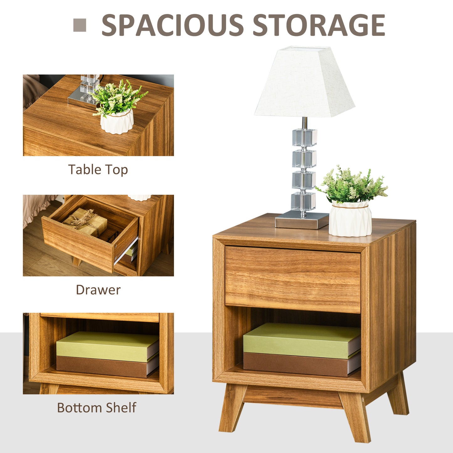 Bedside Table for Bedroom, Nightstand with Drawer and Shelf, Modern Side End Table, Walnut Brown
