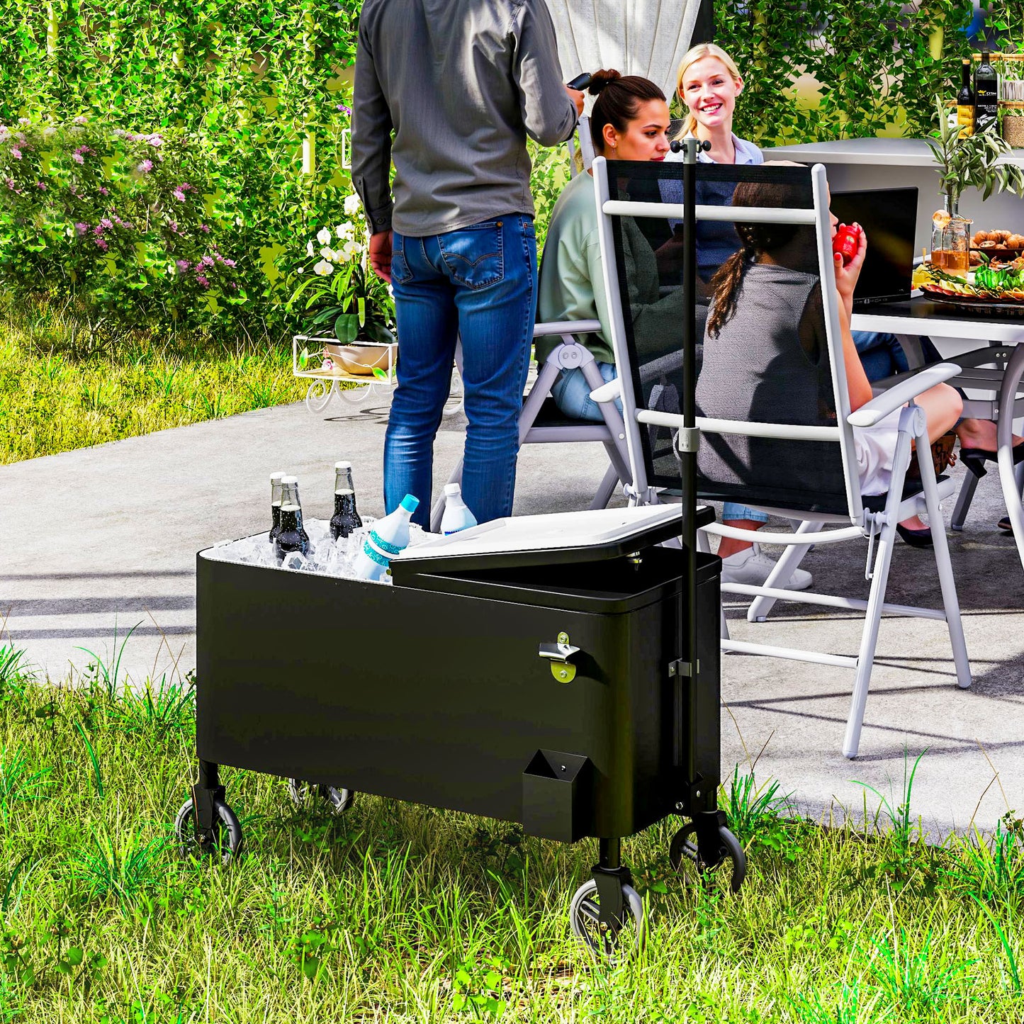 80-Qt Outdoor Patio Cooler Cart, Rolling Ice Chest with Adjustable Handle, Wheels, Bottle Opener, Drainage, Outdoor Beve