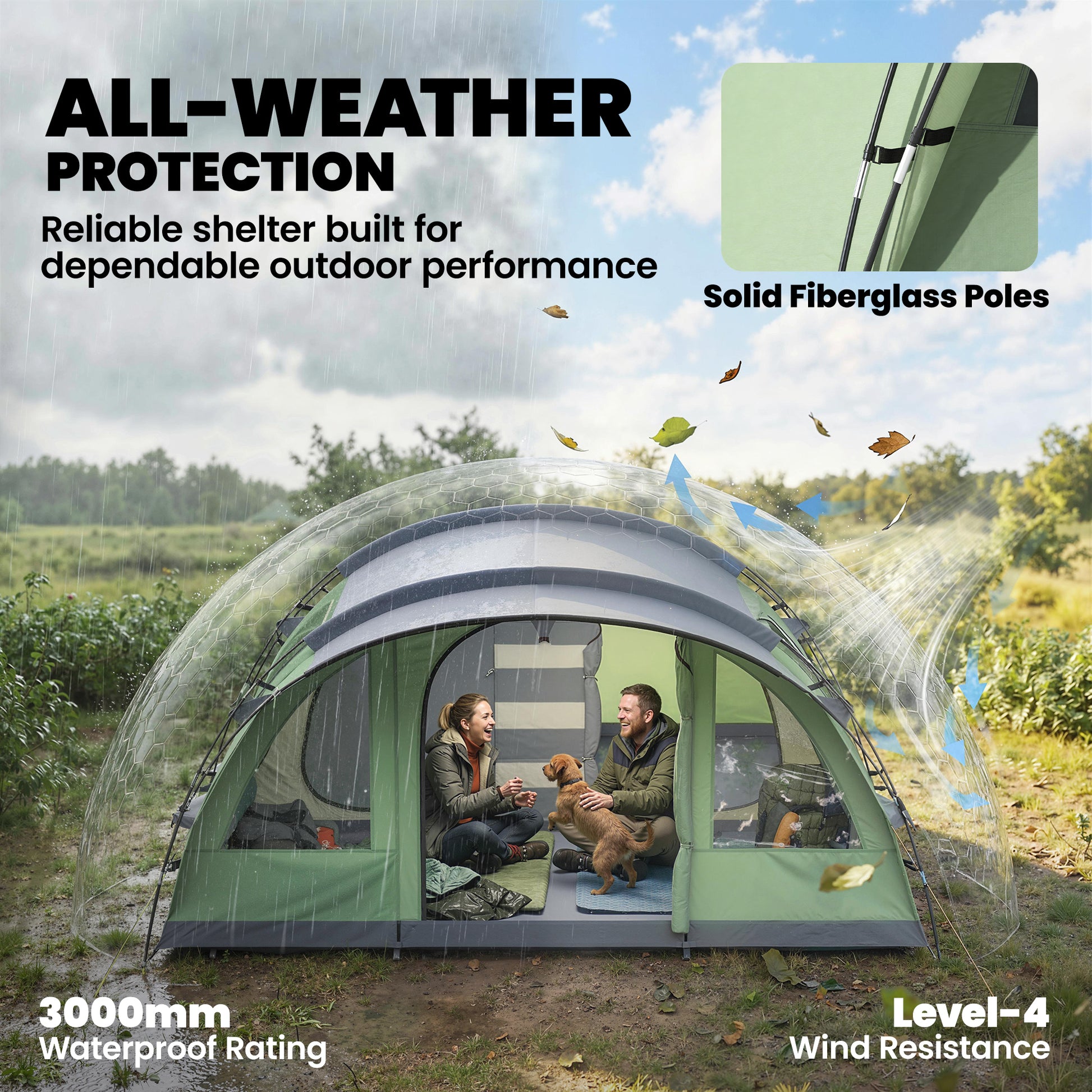 Multi-Room Camping Tent for 5 Person, Easy Set up Large Family Tent with 4 Windows, Porch, Light Green