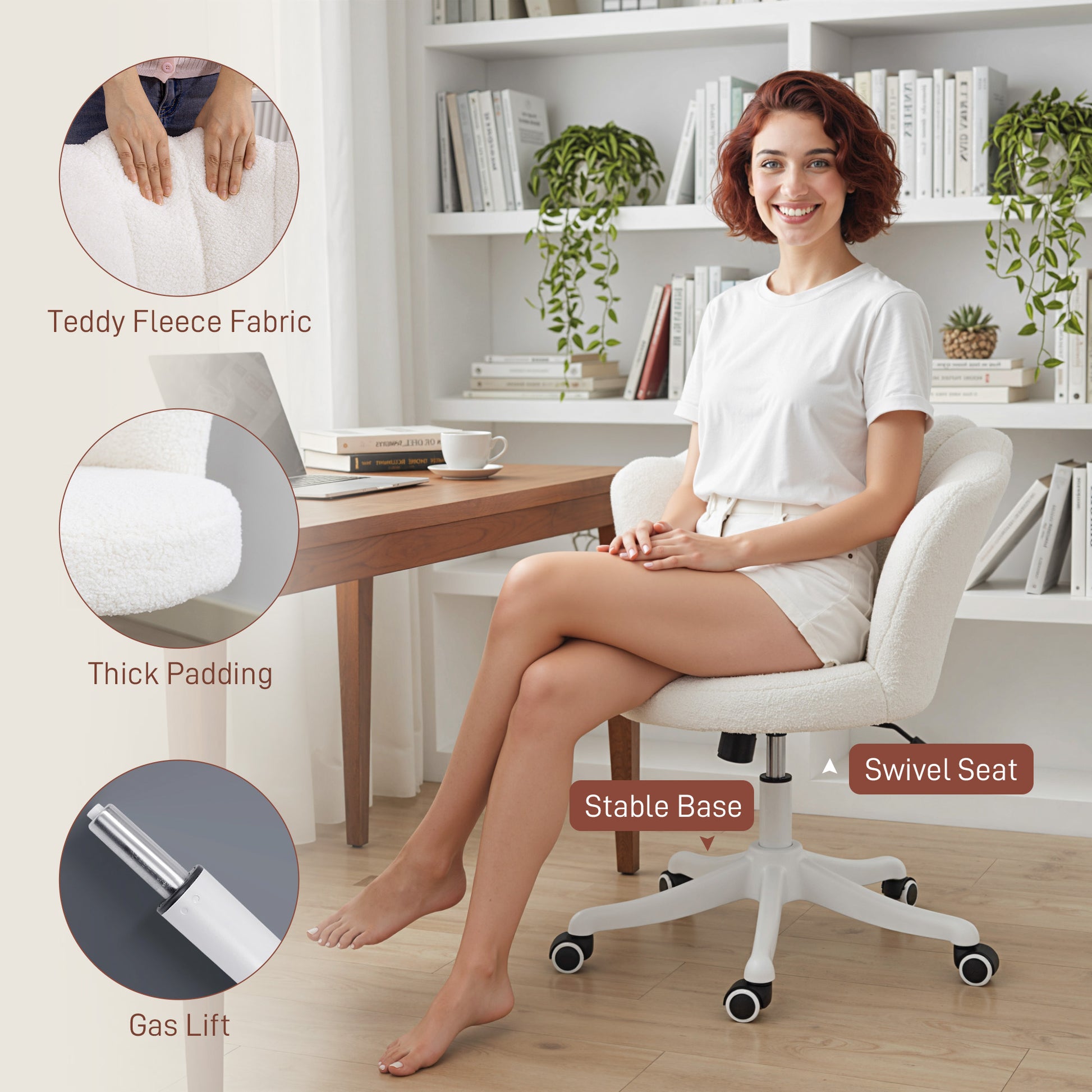 Office Chair, Armless Swivel Desk Chair with Adjustable Height, Backrest, Tilt Function for Office, Vanity, Cream White