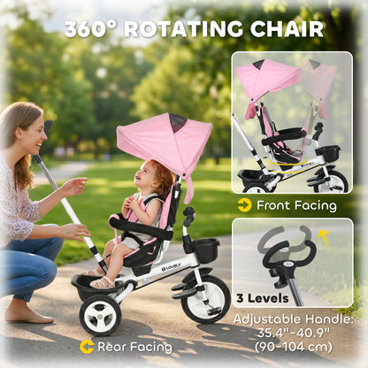 Qaba 6 in 1 Toddler Tricycle with Parent Push Handle, Canopy, Storage Baskets, Cupholder, Pink