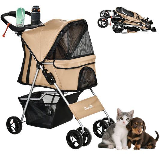 Pet Stroller Foldable Carrier for Cat, Dog and More 4 Wheels Travel Jogger with Cup Holder, Storage Basket, 360 ° swivel