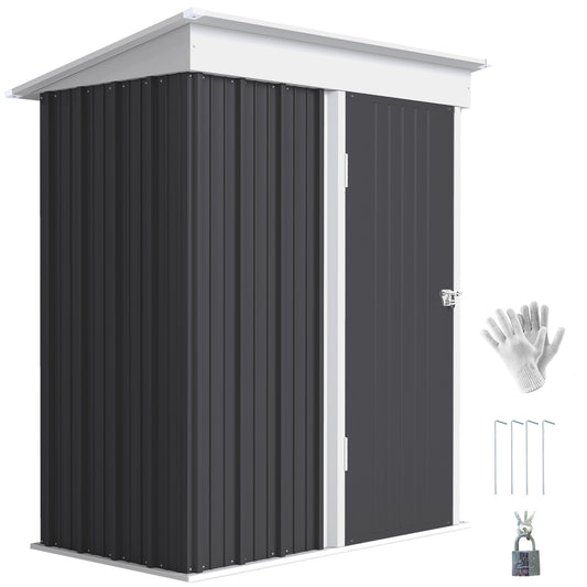 Outdoor Storage Shed, Steel Lean-to Shed with Adjustable Shelf, Lock, Gloves, 5'x3'x6', Dark Grey