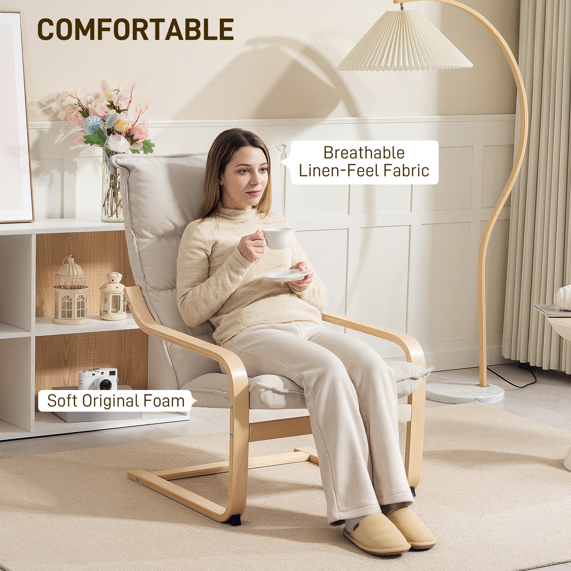 Modern Armchair, Upholstered Accent Chair with Curved Leg and Arm, Leisure Lounge Chair for Living Room, Cream White