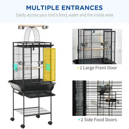61.5 Inch Bird Cage Parakeet House for Cockatiel with Stand, Pull Out Tray, Play Top, Storage Shelf, Wood Perch, Food Co
