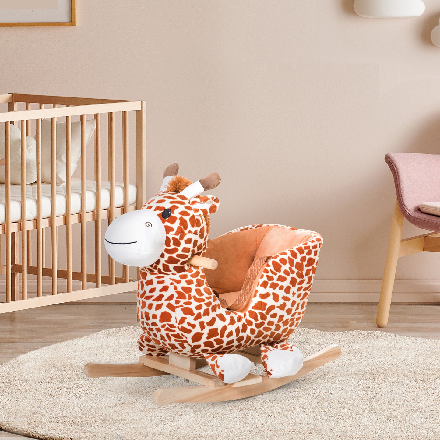Qaba Wooden Plush Children Kids Rocking Horse Chair for Toddlers with Sound and Safety Belt, Giraffe Theme