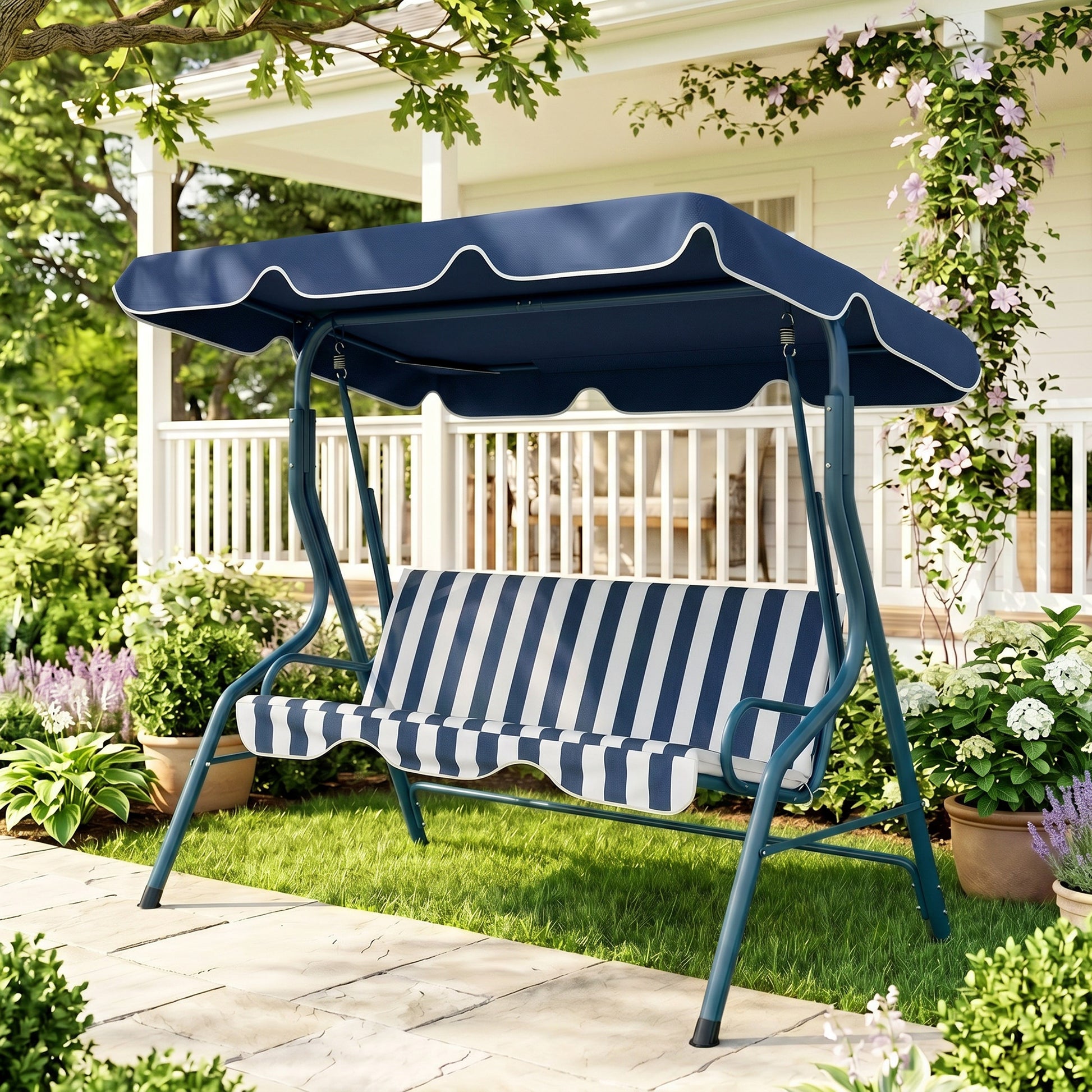 Outdoor Porch Swing with Adjustable Canopy, 3-Seater Patio Swing Chair with Cushion, Blue