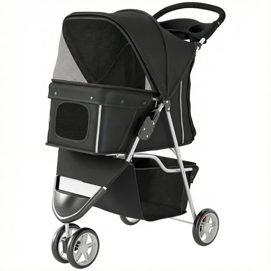3 Wheels Foldable Dog Stroller with Storage Basket, Adjustable Canopy, Cupholder for Miniature and Small Dogs, Black