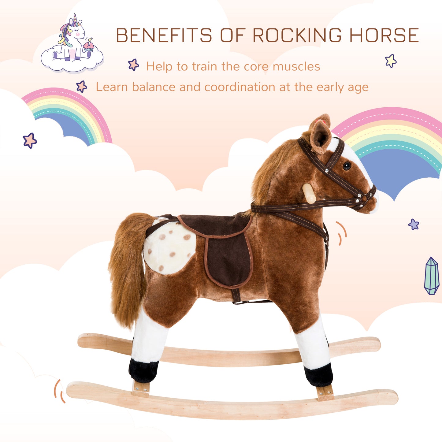 Qaba Baby Rocking Horse, Children Plush Animal Rocker, Kid Ride on Toy with Realistic Sound,  Handle Grip, Brown