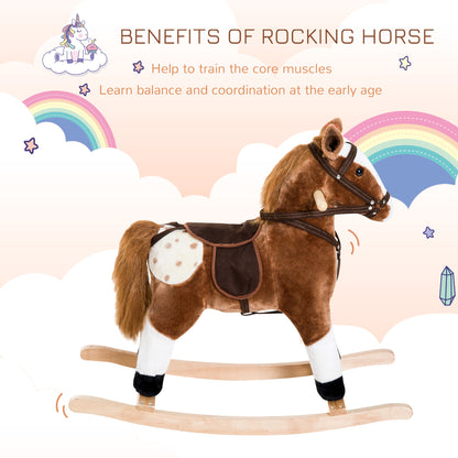 Qaba Baby Rocking Horse, Children Plush Animal Rocker, Kid Ride on Toy with Realistic Sound,  Handle Grip, Brown