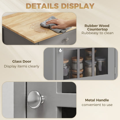 Rolling Kitchen Cart with Drawer and Glass Door Cabinet, Kitchen Island on Wheels with Towel Rack, Dark Grey