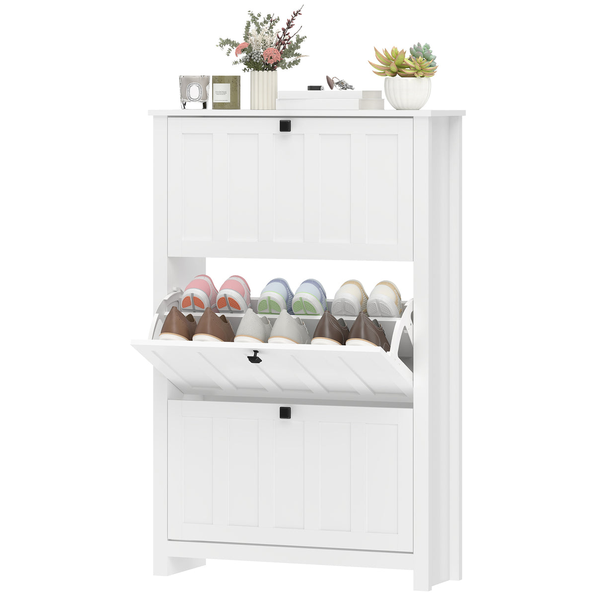 Slim Shoe Cabinet with 3 Flip Drawers, Shoe Storage Cabinet with Adjustable Shelves for Entryway, Holds 18 Pairs, White