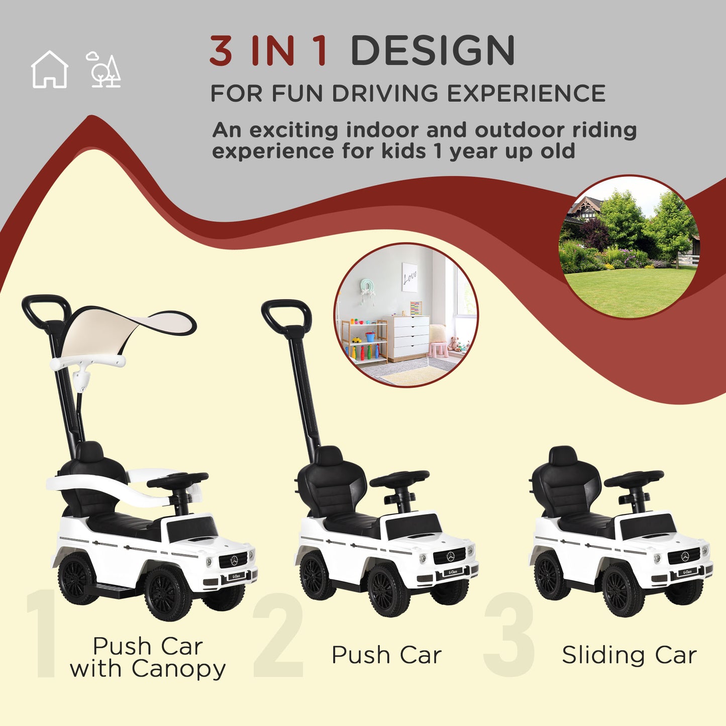VarietyKart Mercedes-Benz G350 Licensed Push Car, 3-in-1 Toddler Sliding Car with Horn, Steering, Foot Rest, Seat Storag