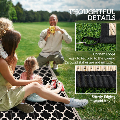 9'x12' Reversible Outdoor RV Rug, Patio Floor Mat, Plastic Straw Rug for Backyard, Deck, Beach, Camping, Black