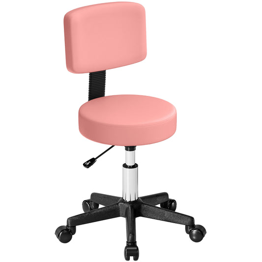 Rolling Stool with Wheels, Swivel Stool with Back Support, Adjustable Height, PU Leather Swivel Chair, Pink