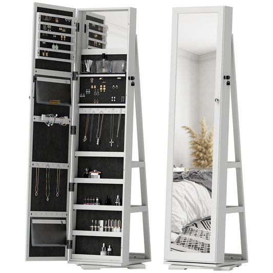 360° Swivel Jewelry Armoire, Lockable Mirror Jewelry Cabinet with Built-In Small Mirror, White