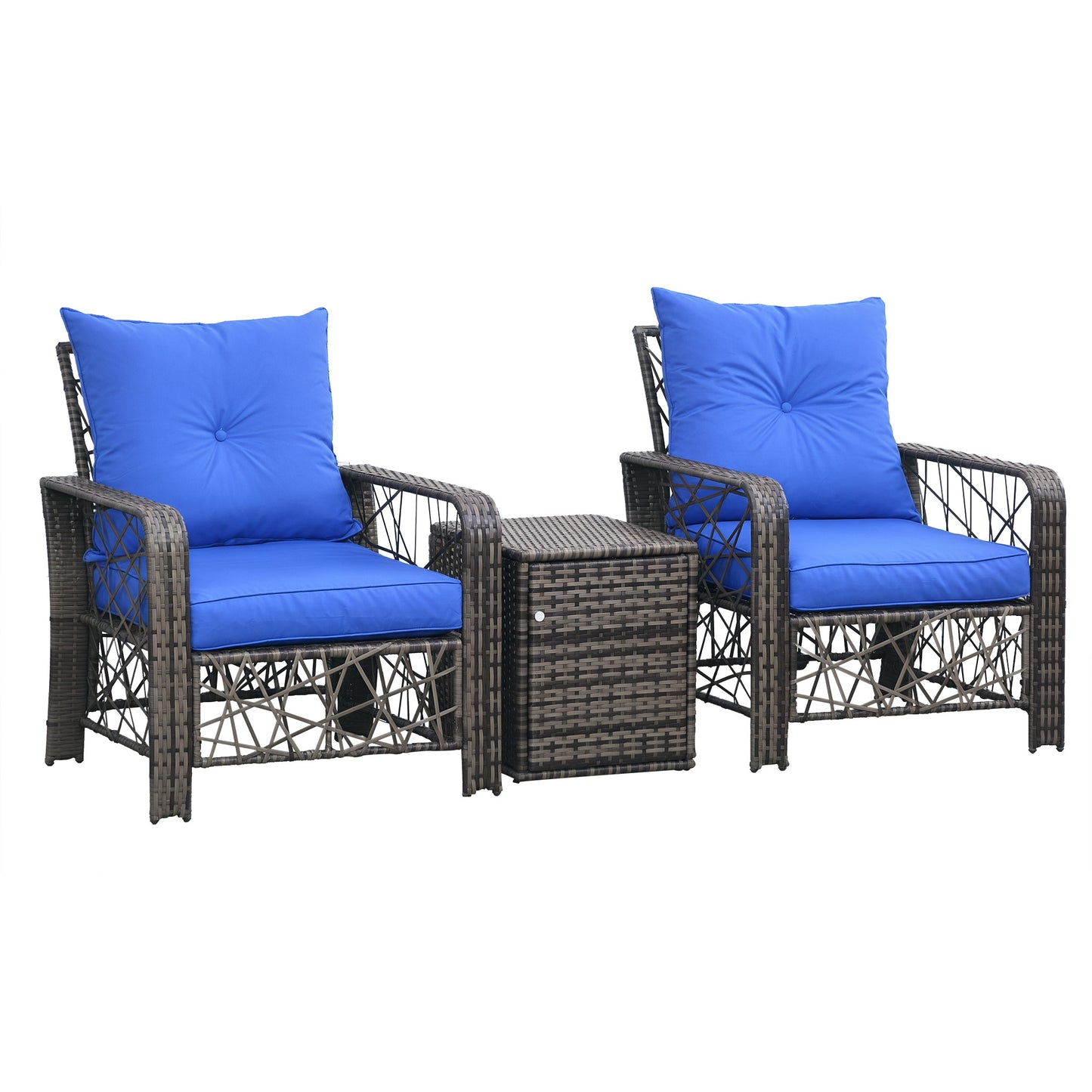3 Pieces Wicker Patio Furniture Set, Rattan Bistro Set with Storage Coffee Table and Thickened Cushions, Outdoor Convers