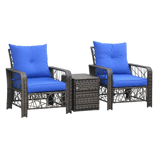 3 Pieces Wicker Patio Furniture Set, Rattan Bistro Set with Storage Coffee Table and Thickened Cushions, Outdoor Convers