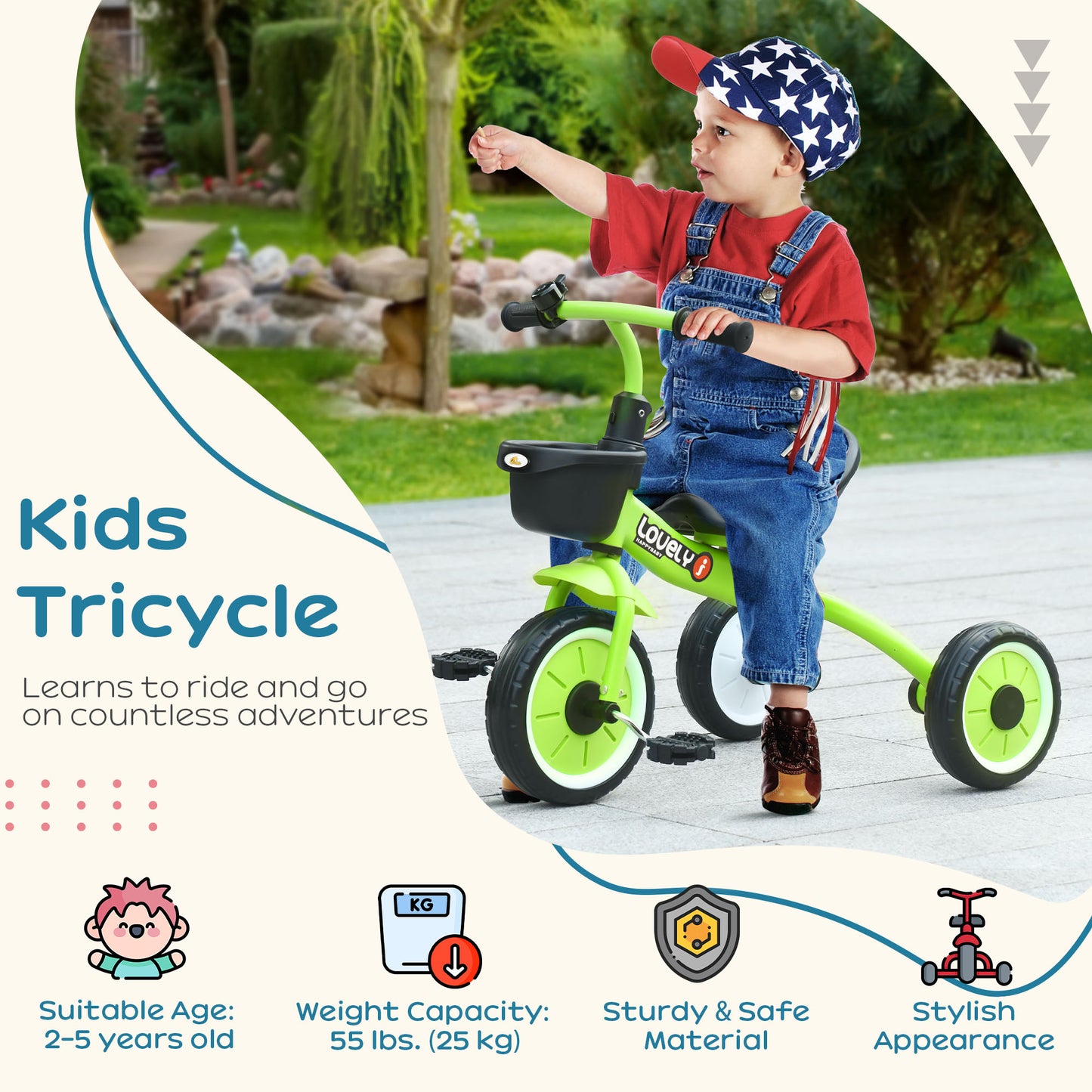 Qaba Tricycle for Toddler 2-5 Year Old Girls and Boys, Toddler Bike with Adjustable Seat, Basket, Bell, Green