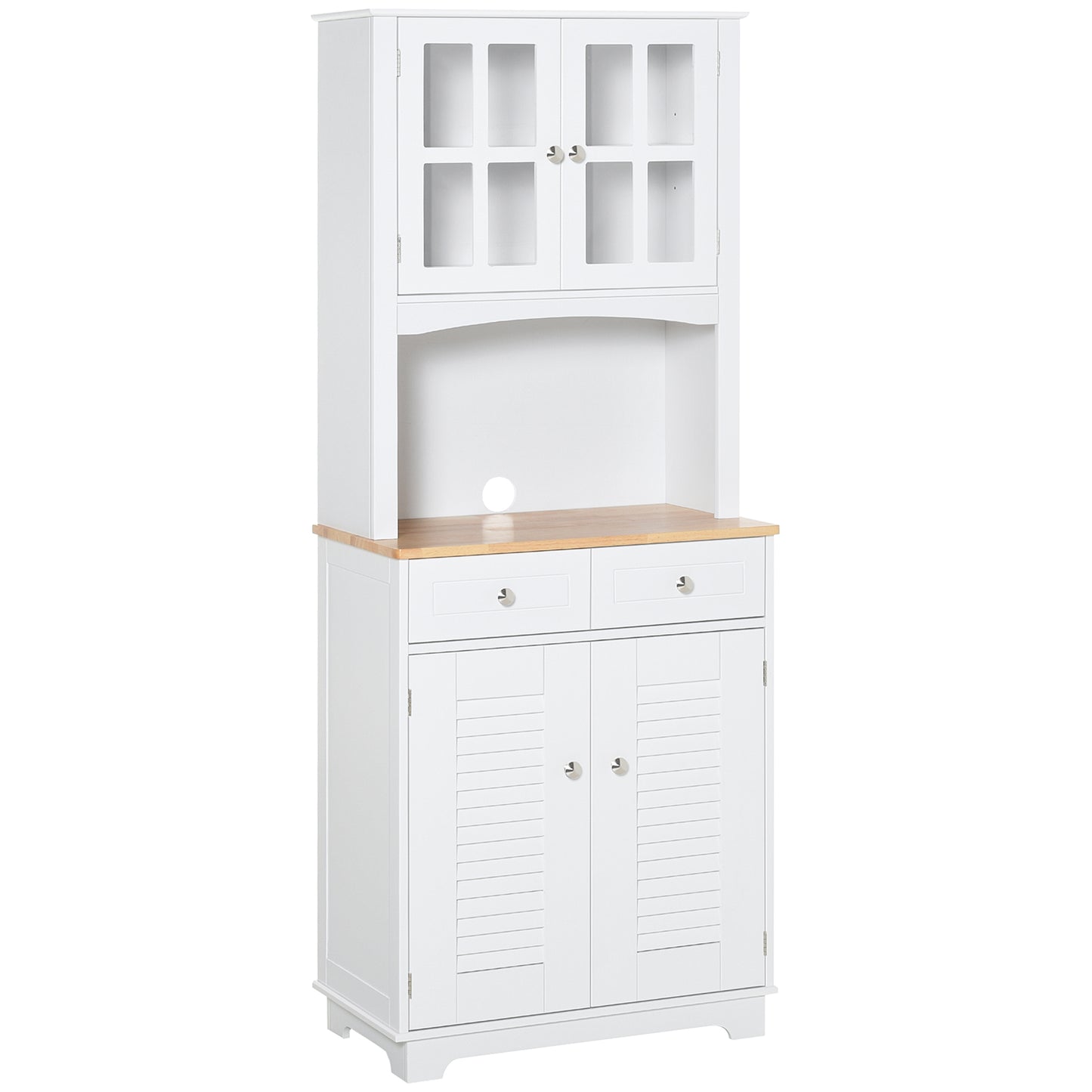 Coastal Style Kitchen Buffet and Hutch Wooden Storage Cupboard with Framed Glass Door LouveredCabinet  Drawers Microwave