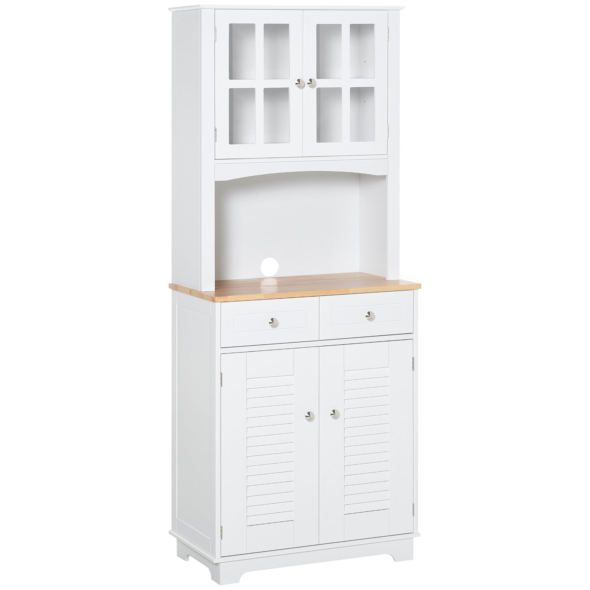 Coastal Style Kitchen Buffet and Hutch Wooden Storage Cupboard with Framed Glass Door LouveredCabinet  Drawers Microwave