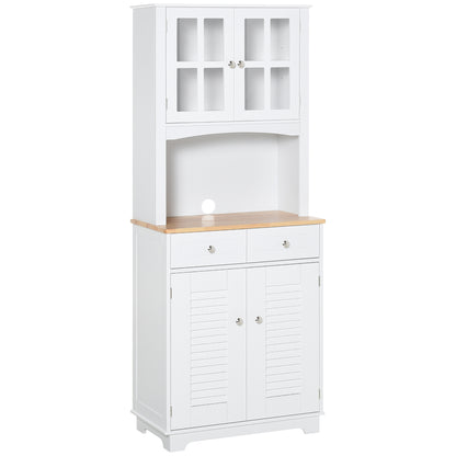 Coastal Style Kitchen Buffet and Hutch Wooden Storage Cupboard with Framed Glass Door LouveredCabinet  Drawers Microwave
