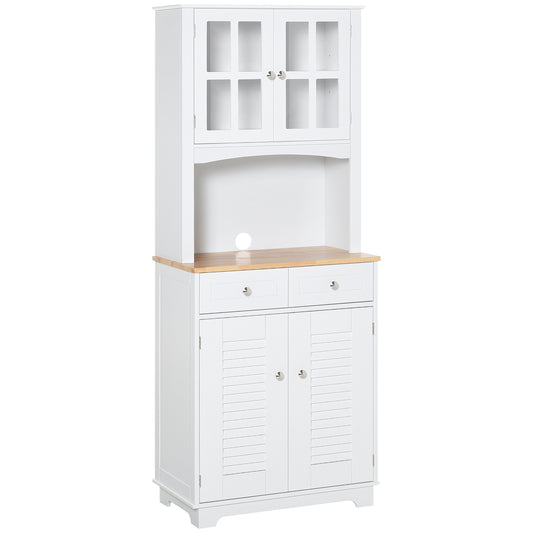 Coastal Style Kitchen Buffet and Hutch Wooden Storage Cupboard with Framed Glass Door LouveredCabinet  Drawers Microwave
